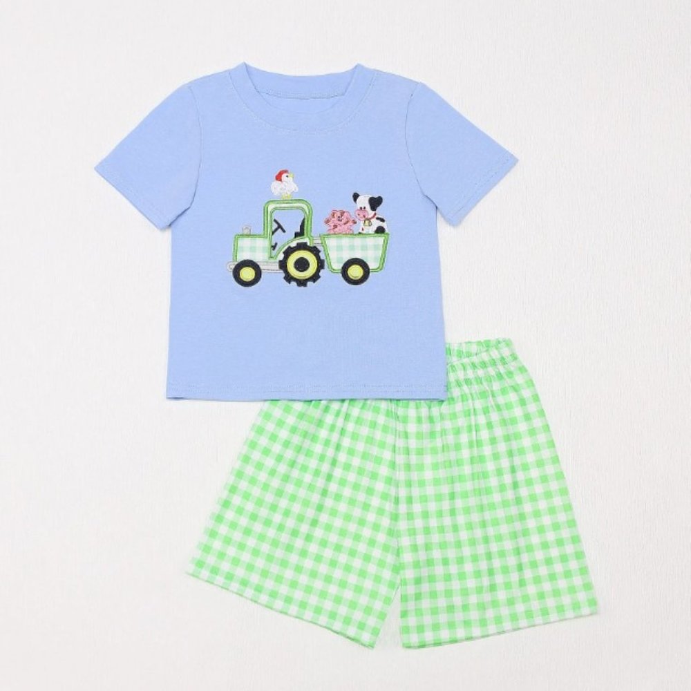 Boutique Farm Tractor Animals Boys Shorts Outfit Set